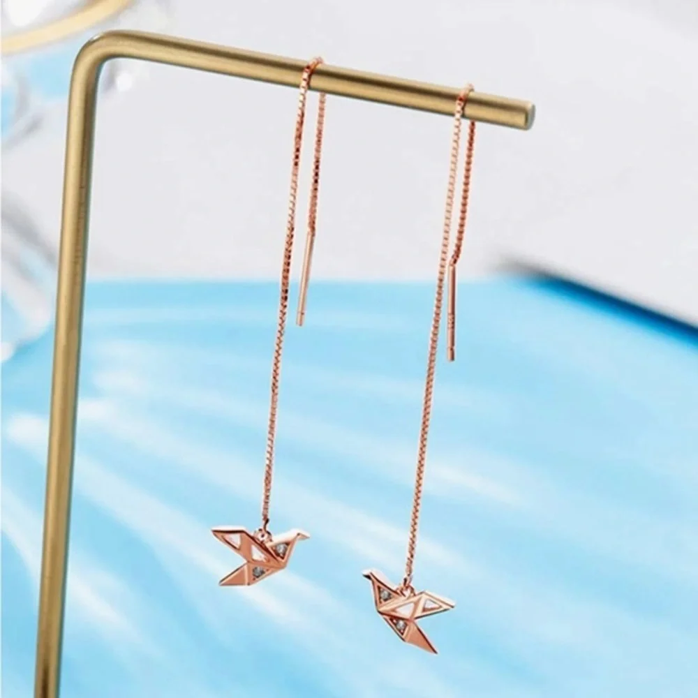 Origami Crane Bird Rose Gold Threader Earrings Delicate Long Chain Tassel - Picture 5 of 10